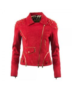 LADIES LUXURY RED LEATHER GOLD SPIKE BIKER JACKET
