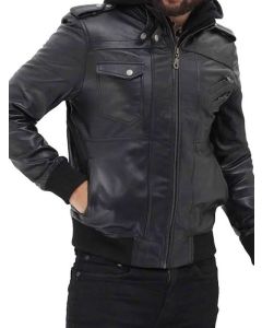 BLACK BOMBER LEATHER JACKET WITH HOOD