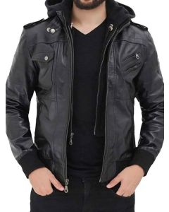 BLACK BOMBER LEATHER JACKET WITH HOOD
