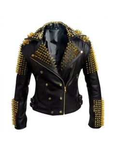 BLACK HEAVY METAL GOLD STUDS MOTORBIKE LEATHER JACKET WOMEN