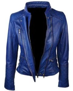 WOMEN’S BLUE COLOR DIAMOND QUILTED BIKER JACKET