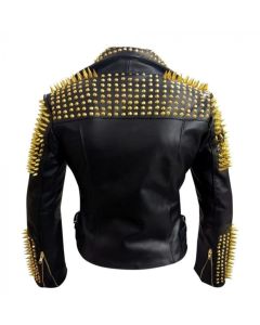 BLACK HEAVY METAL GOLD STUDS MOTORBIKE LEATHER JACKET WOMEN
