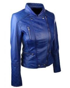 WOMEN’S BLUE COLOR DIAMOND QUILTED BIKER JACKET
