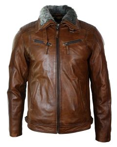 MEN’S BIKER BELTED BROWN LEATHER JACKET