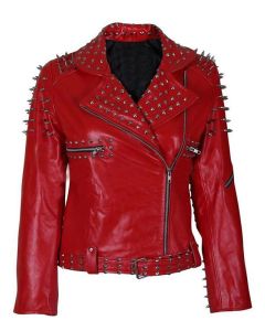 WOMENS RED SPIKE STUDDED LEATHER JACKET