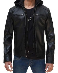 MEN’S HOT BLACK LEATHER JACKET WITH HOOD