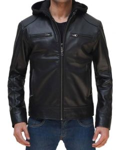 MEN’S HOT BLACK LEATHER JACKET WITH HOOD
