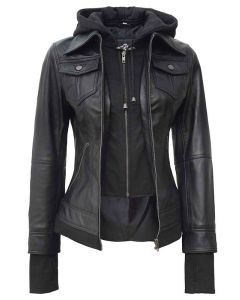 WOMEN’S BOMBER HOODED LEATHER JACKET IN BLACK COLOR