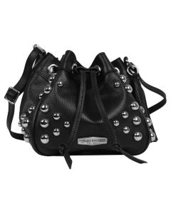 HARLEY-DAVIDSON® WOMEN'S HEAVY METAL LEATHER DRAWSTRING CROSSBODY PURSE - BLACK