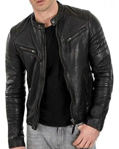 Motorcycle Cafe Racer Black Lambskin Leather Jacket for Men - Handmade Black Slim Fit Leather Jacket