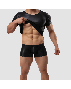 High Quality Men Black Leather T-Shirts Male Flexible Tight Tops Short