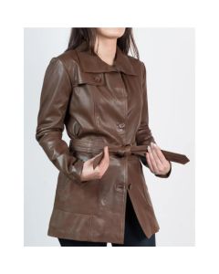 Women Long Length Brown Dropper Coat in Real Lambskin Leather - Handmade Lightweight Long Leather Coat for Women
