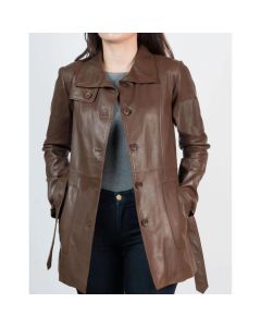 Women Long Length Brown Dropper Coat in Real Lambskin Leather - Handmade Lightweight Long Leather Coat for Women