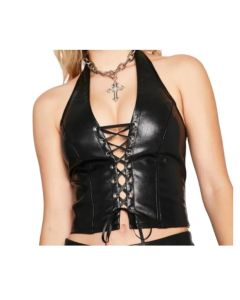 Soft Genuine Lambskin Leather Lace Up in frount | Personlized Gift for Women's | Blcak leather vest for women's
