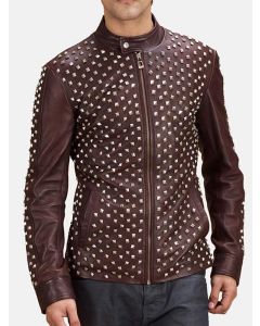 MEN'S BIKER STYLE STUDDED BROWN LEATHER JACKET
