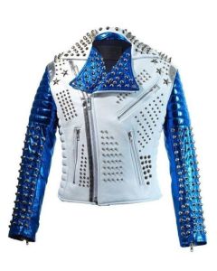 MEN'S SILVER STUDDED PUNK BIKER LEATHER JACKET