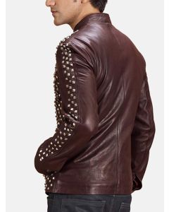 MEN'S BIKER STYLE STUDDED BROWN LEATHER JACKET

