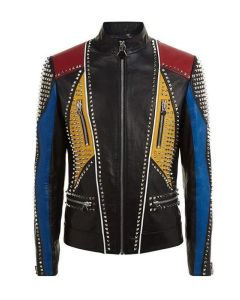 MEN'S STUDDED SLIMFIT MULTICOLOR LEATHER JACKET