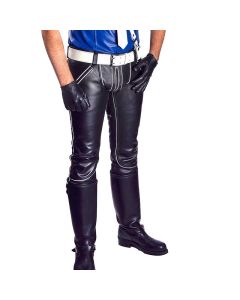 Men Leather PANT zipper 2-way piping in white