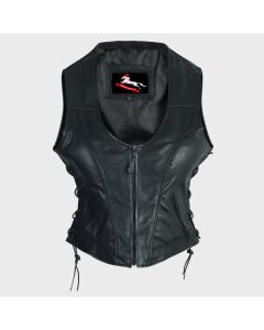 Motorcycle High Mileage Ladies Lace Side Leather Vest Adorned with Studs