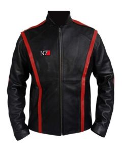 Commander Shephard Inspired Black Motorcycle Leather Jacket for Men - Handmade Black Jacket with Red Stripes