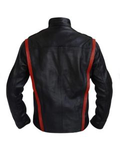 Commander Shephard Inspired Black Motorcycle Leather Jacket for Men - Handmade Black Jacket with Red Stripes
