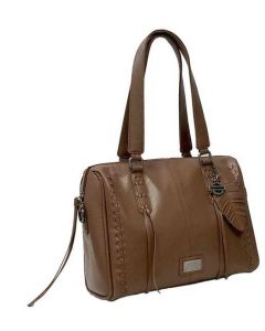 Harley-Davidson® Women's Tan Buffalo Hide Satchel | Removable Shoulder Strap | Antique Nickel Embellishments - WB7411L-TAN