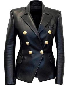 Exclusive Black Double Breasted Lightweight Black Leather Blazer for Women - Handmade Celebrity Kim Kardashian Black Leather Coat