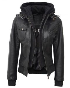 OLIVIA BLACK REAL LEATHER JACKET WITH HOOD