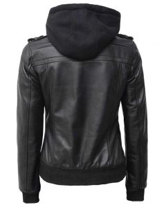 OLIVIA BLACK REAL LEATHER JACKET WITH HOOD

