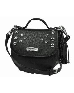 Harley-Davidson® Women's Heavy Metal Flapped Crossbody | Black | Detachable Strap | Dome Stud Embellishments - HM9925L-BLACK