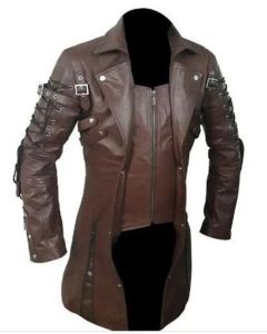 Brown Steampunk Leather Coat for Men - Goth Matrix Leather Trench Coat in Brown