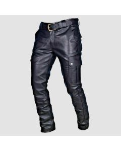 Mens Flap Pockets Full Length Leather Pants in Black