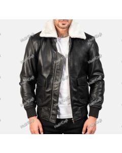 Military Style G1 Navy Black Bomber Jacket with White Fur Collar - Handmade Soft Lambskin Cockpit Pilot Bomber Leather Jacket for Men
