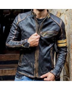 Handmade Motorcycle Distressed Leather Jacket for Men - Cafe Racer Distressed Black Leather Jacket