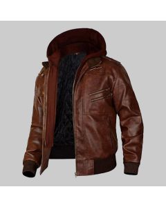Mens Motorcycle Café Racer Brown Leather Jacket with Removable Hood - Handmade Slim fit Brown Hooded Bomber Leather Jacket for Men