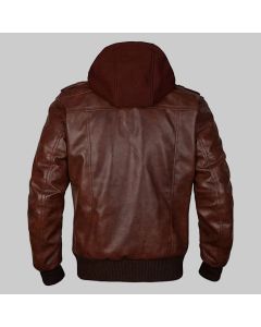 Mens Motorcycle Café Racer Brown Leather Jacket with Removable Hood - Handmade Slim fit Brown Hooded Bomber Leather Jacket for Men