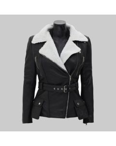 Women Handmade Slim fit Lambskin Black Leather Coat Women with White Sherpa Shearling