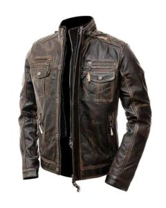 Mens Distressed Motorcycle Leather Jacket - Double Pocket Handmade Brown Leather Jacket For Men