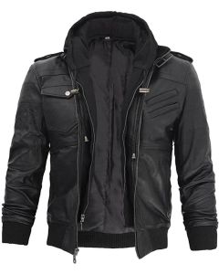 Handmade Motorcycle Cafe Racer Lamb Leather Jacket with Removable Hood for Men in Black Color