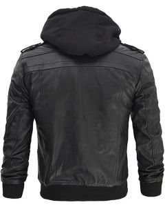 Handmade Motorcycle Cafe Racer Lamb Leather Jacket with Removable Hood for Men in Black Color
