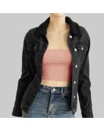 Charcoal Black Sherpa Collar Black Denim Trucker Jeans Jacket