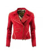 LADIES LUXURY RED LEATHER GOLD SPIKE BIKER JACKET