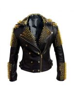 BLACK HEAVY METAL GOLD STUDS MOTORBIKE LEATHER JACKET WOMEN