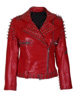 WOMENS RED SPIKE STUDDED LEATHER JACKET