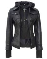 WOMEN’S BOMBER HOODED LEATHER JACKET IN BLACK COLOR