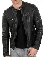 Motorcycle Cafe Racer Black Lambskin Leather Jacket for Men - Handmade Black Slim Fit Leather Jacket
