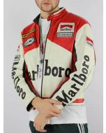 Marlboro F1 Biker White Leather Jacket for Men - The Formula Man F1 Raceway Racing White Leather Jacket
