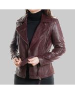 Elegant Maroon Lightweight Lambskin Leather Jacket for Women - Handmade Women Casual Slim Fit Soft Leather Jacket