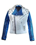 MEN'S SILVER STUDDED PUNK BIKER LEATHER JACKET